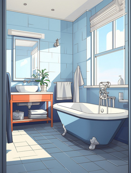 创意极简浴室牛仔蓝色蓝色卫浴卡通扁平场景