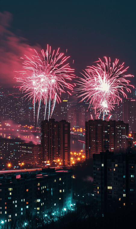 创意夜晚城市美丽的烟花元旦新年跨年