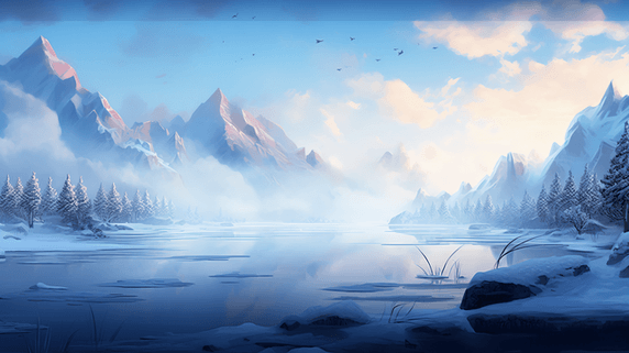 创意中国风山水风景蓝色插画冬天冬季雪景