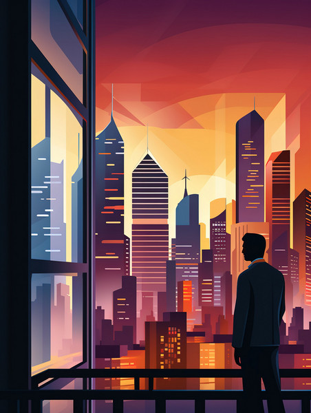 夕阳商人站在现代大城市中6图片扁平剪影插画老板商务人士