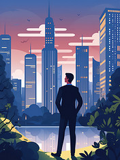 紫色创意商人站在现代大城市中9插画扁平剪影插画老板商务人士