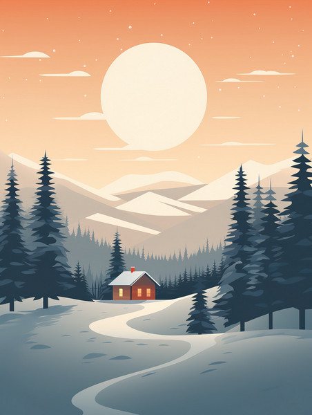 潮国创意白雪包围的冬季小屋14冬天雪地大雪扁平插画