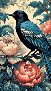 潮国创意版画喜鹊鸟竹林水中国风自然写实风花鸟