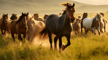 潮国创意白天绿草场上的一群马草原马群马匹
