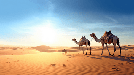 潮国创意白天沙漠中的骆驼丝绸之路沙漠