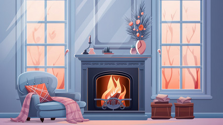 潮国创意冬天壁炉温暖的客厅11温馨欧洲供暖插画