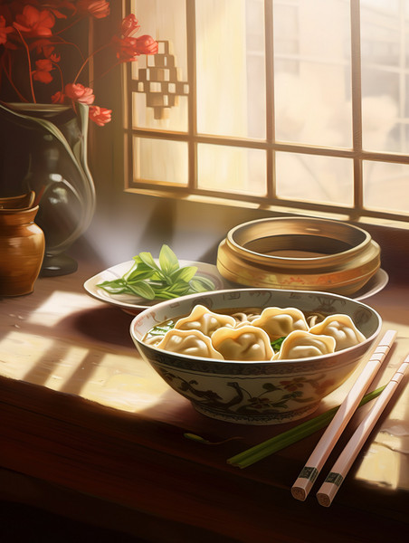 潮国创意中国传统美食一碗饺子插画4饺子