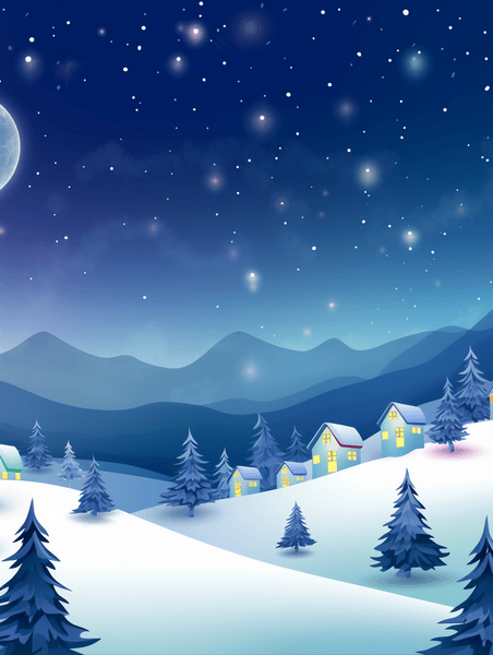 潮国创意雪地上森林小村庄的夜空背景8冬天冬季大雪卡通雪景夜晚
