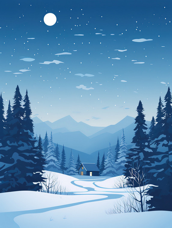 潮国创意白雪包围的冬季小屋18冬天雪景卡通森林扁平插画