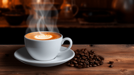 潮国创意写实咖啡杯咖啡豆木桌背景4