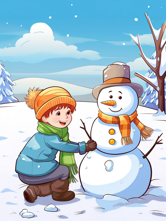 潮国创意孩子冬天在雪地上堆雪人5堆雪人冬天冬季