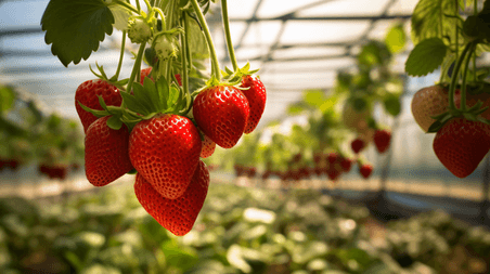 创意新鲜成熟的草莓植物特写大棚水果