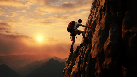 潮国创意夕阳中勇敢无畏的攀登者爬山登山攀爬
