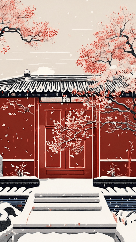 创意自然中国寺庙风景冬天插画唯美国潮中国风故宫白雪下雪