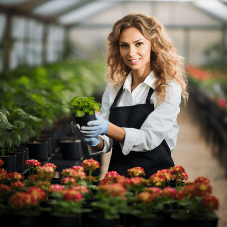 潮国创意漂亮的女人农学家与手套拿着花盆与幼苗在温室与显微镜的背景智慧农业培养蔬菜种植