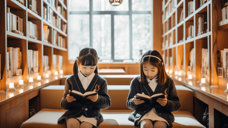 潮国创意坐在图书馆里看书的女孩