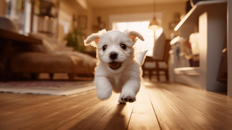 潮国创意一只白色的小狗在客厅里跑动物快乐小狗宠物
