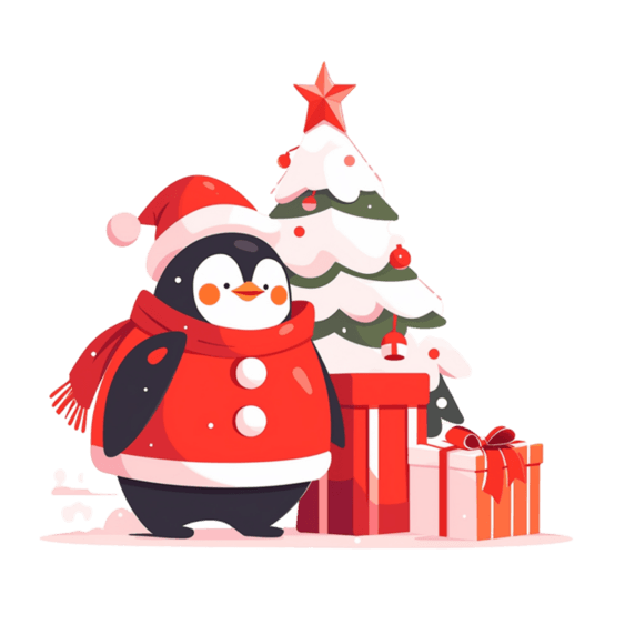 潮国创意圣诞节手绘圣诞树元素企鹅卡通动物小鹿