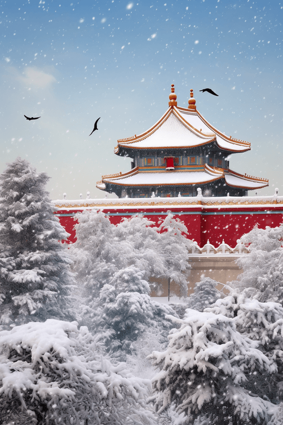 创意摄影图冬天雪景故宫松树照片原创插画冬天冬季