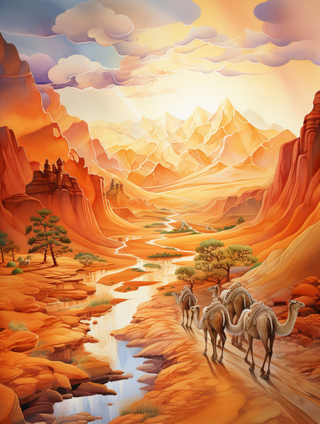 潮国创意丝绸之路山脉行走的骆驼1敦煌沙漠