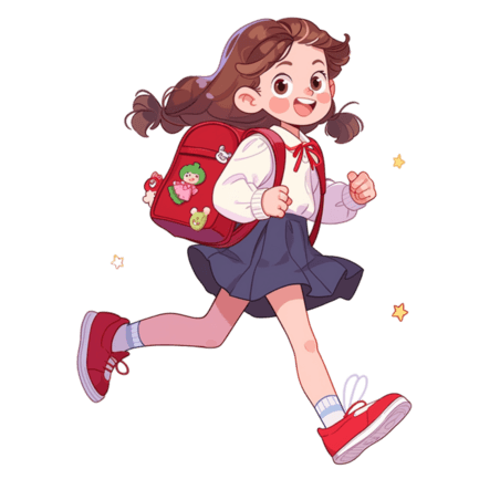 潮国创意开学季女孩背着书包上学卡通元素