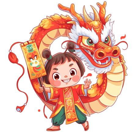 潮国创意卡通手绘春节的小孩和中国龙11龙年舞龙