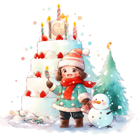 潮国创意可爱女孩雪人卡通圣诞节手绘元素冬天冬季生日蛋糕