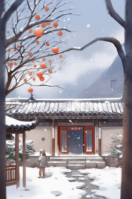 潮国创意冬天手绘插画院内雪景海报中国风庭院