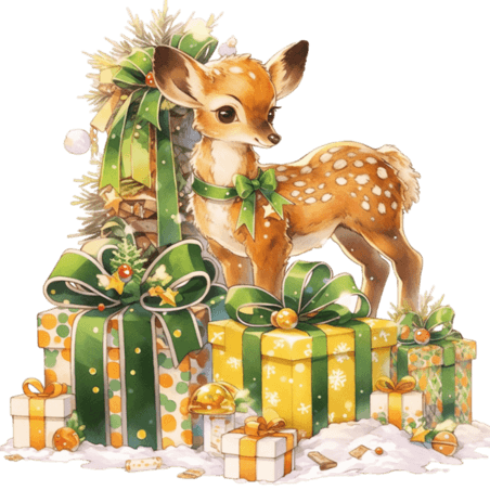 潮国创意圣诞节可爱小鹿礼物手绘卡通元素动物水彩