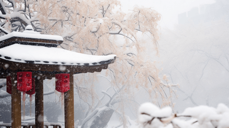 潮国创意冬日冰雪覆盖的凉亭红灯笼冬天冬季冬日大雪下雪