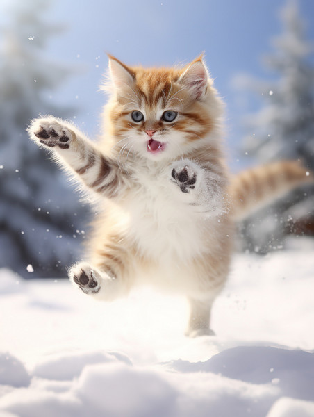 创意冬天的小猫雪中跳跃壁纸10动物宠物雪景