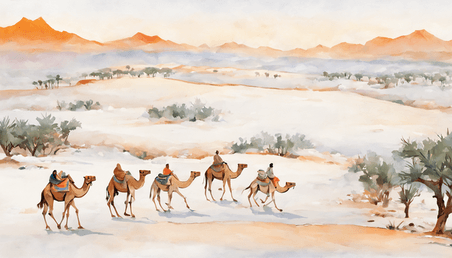 潮国创意沙漠绿洲插画风景白天日出风景骆驼旅行者敦煌