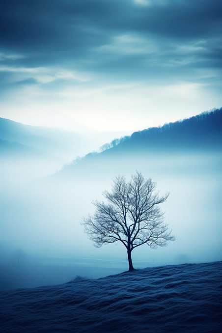 潮国创意浅蓝色雾蒙蒙孤独的树9梦幻植物意境抽象大雾
