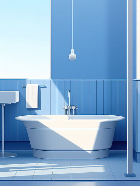 创意极简浴室牛仔蓝色蓝色卫浴卡通扁平场景