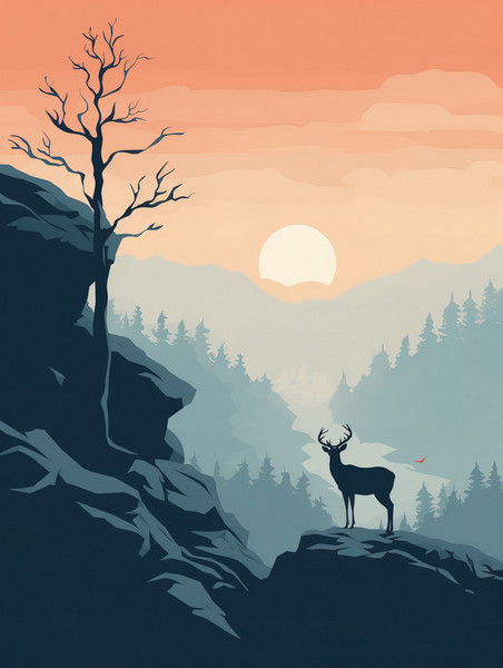 创意一只鹿的剪影插画13美式漫画风扁平动物