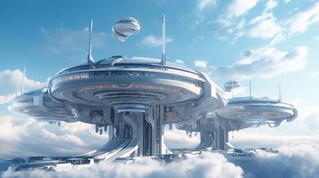 潮国创意云上的未来城市站飞行的未来飞船概念3d科幻