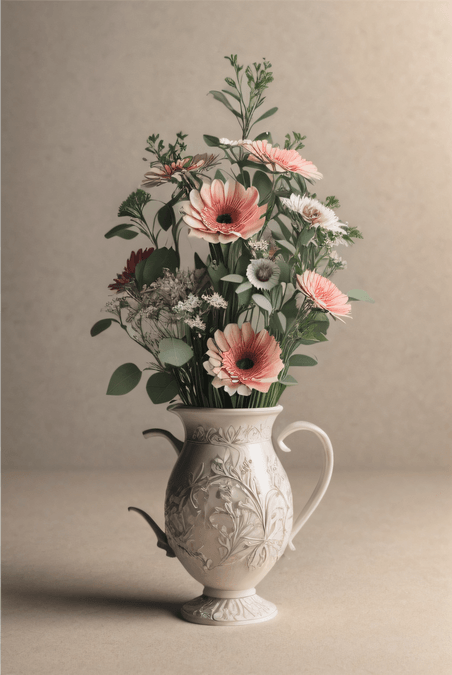 创意雕花花瓶里的彩色鲜花插花艺术盆栽