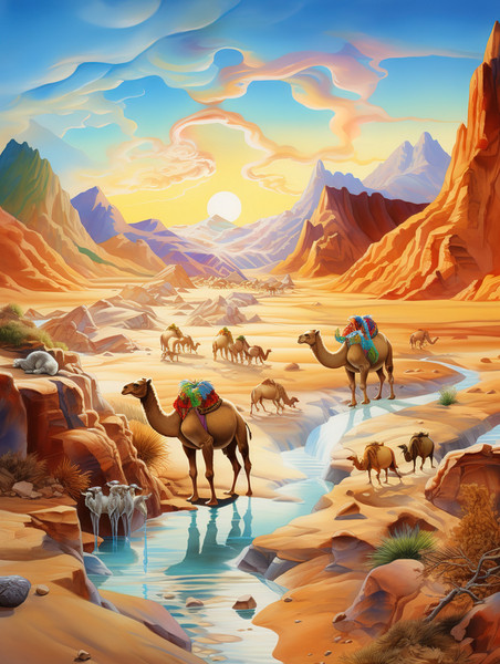 潮国创意丝绸之路山脉行走的骆驼14敦煌沙漠