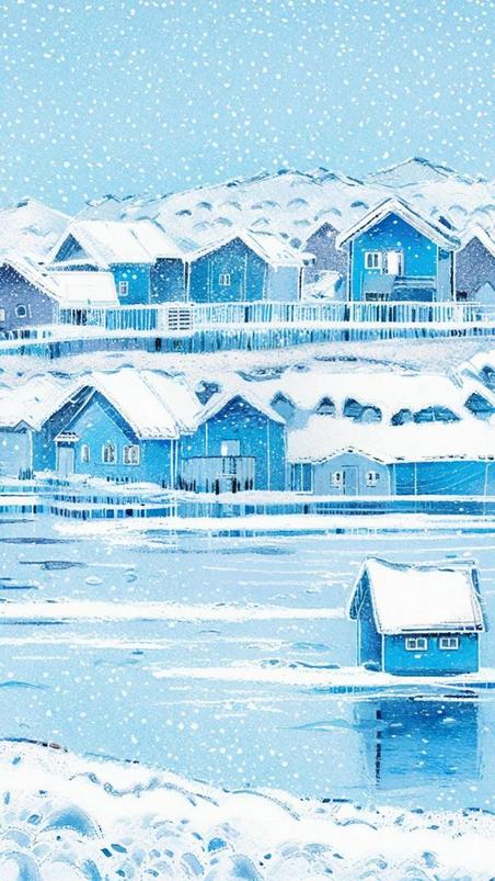 潮国创意蓝色冬天湖岸村镇雪景插画
