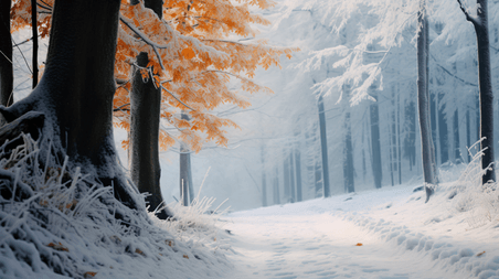 潮国创意冬天林间的雪景摄影森林冬天冬季大雪