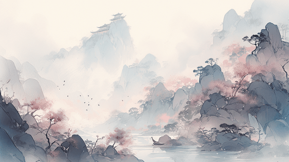潮国创意唯美传统中国风山水风景插画20抽象游戏意境