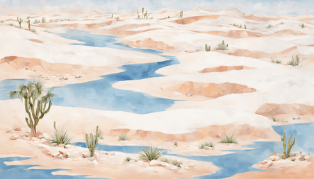 潮国创意沙漠绿洲插画风景白天日出风景