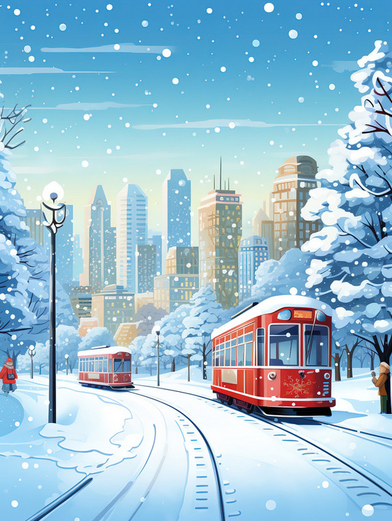潮国创意冬天雪景城市公园119冬季大雪雪地公交车有轨电车