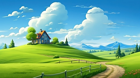 潮国创意蓝天白云绿色小草小山丘19卡通风景草坪田园