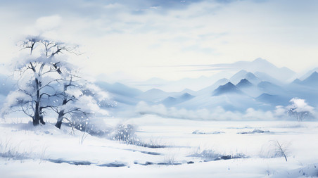 潮国创意宁静的冬季景象水彩画12中国风意境山水冬天雪景