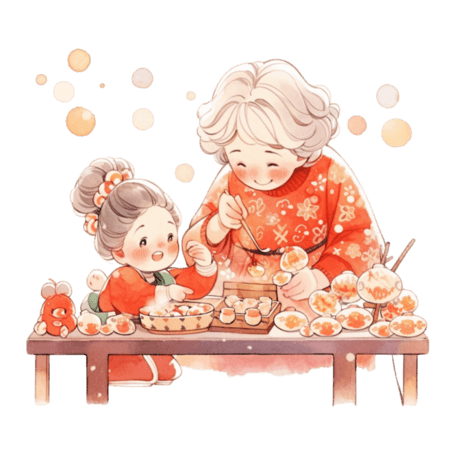 潮国创意新年卡通奶奶和孩子元素做糕点手绘春节包饺子