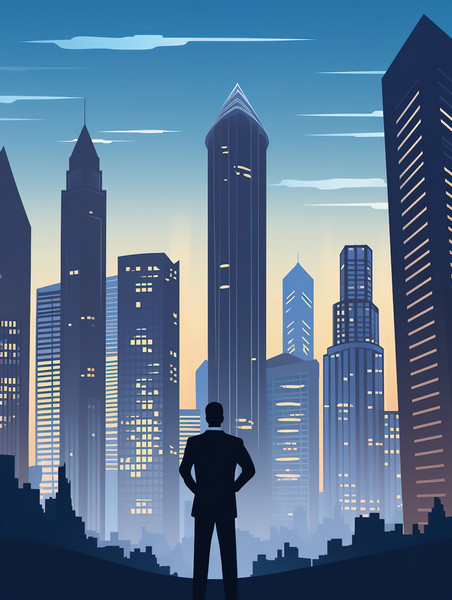 蓝色创意商人站在现代大城市中扁平剪影插画老板商务人士