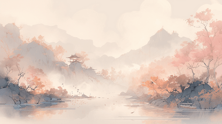 潮国创意唯美传统中国风山水风景插画6抽象游戏意境