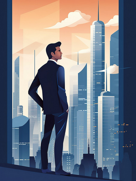 蓝色创意商人站在现代大城市中扁平剪影插画老板商务人士