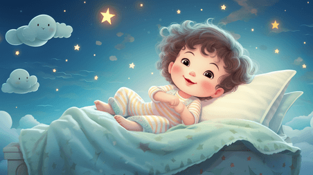 潮国创意躺在床上玩耍的小朋友插画3儿童母婴孩子夜晚睡觉